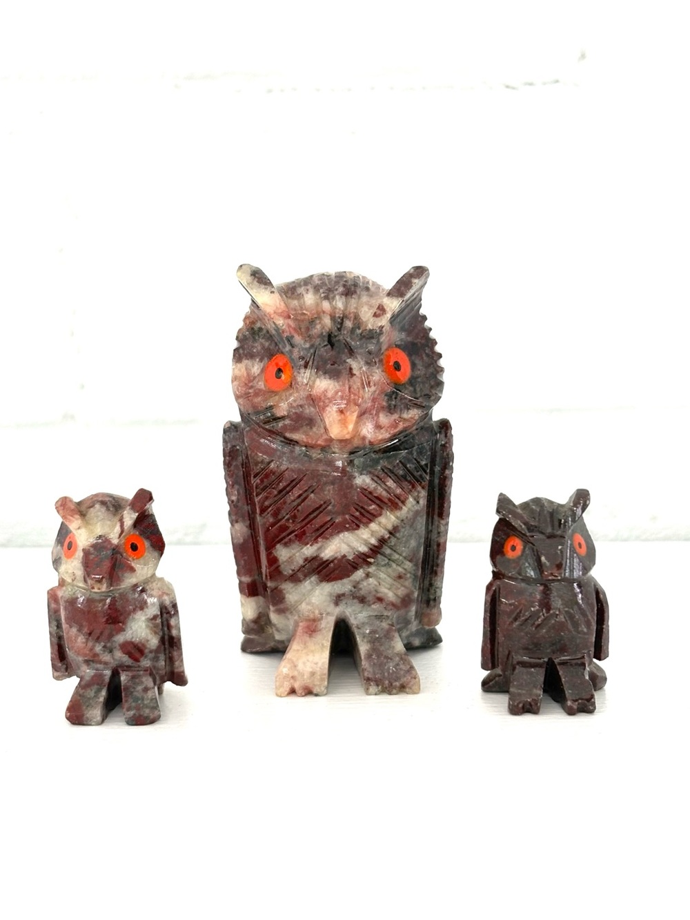 Owl Figurines Hand Carved Miniatures Red Cream Black Stone Set of 3